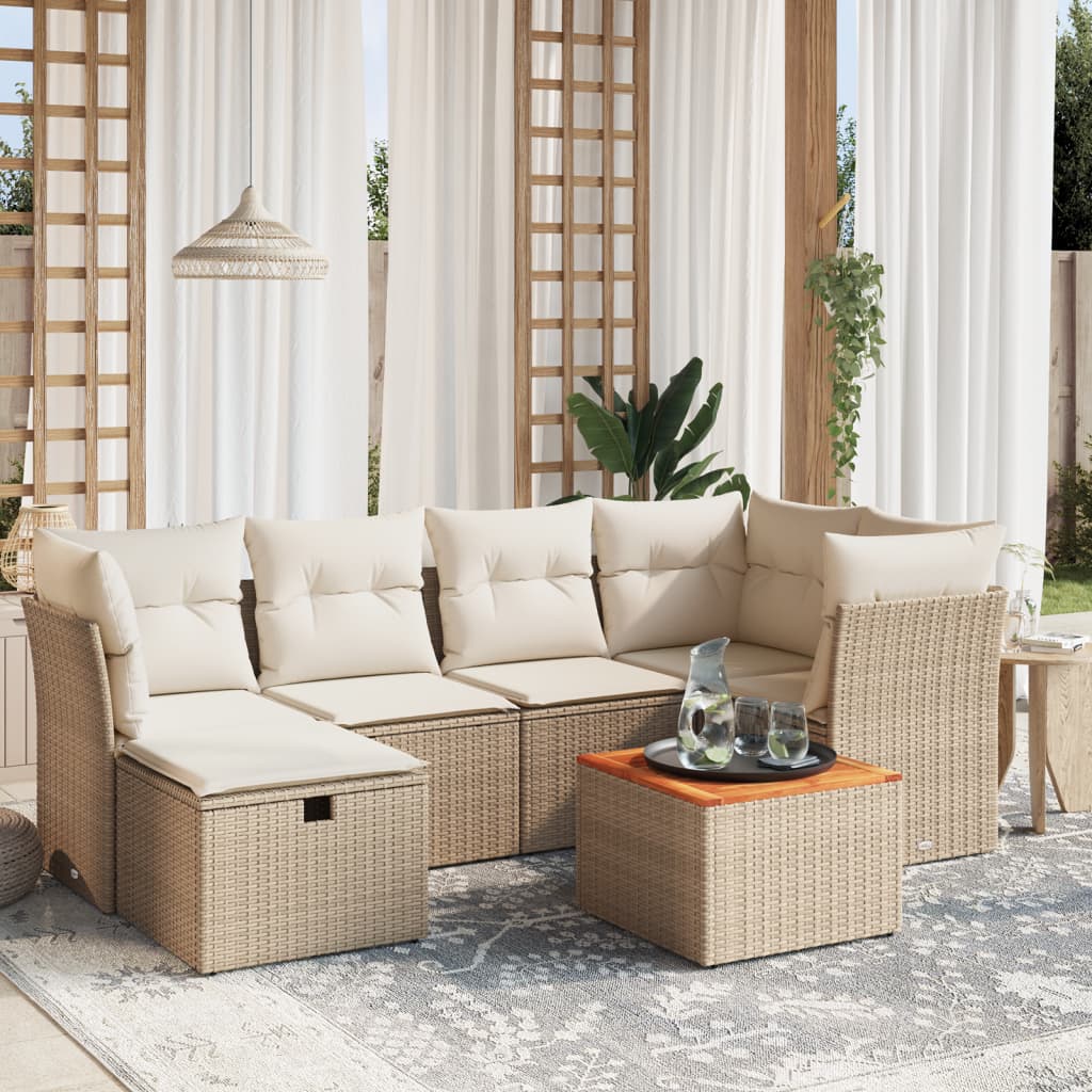 Set sofás de jardín 7 piezas y cojines ratán sintético beige