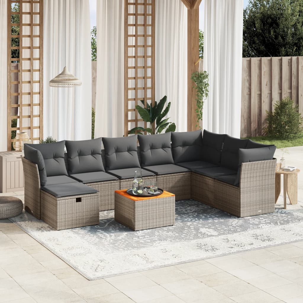 Vetonek Set de muebles de jardín 9 pzas y cojines ratán sintético gris