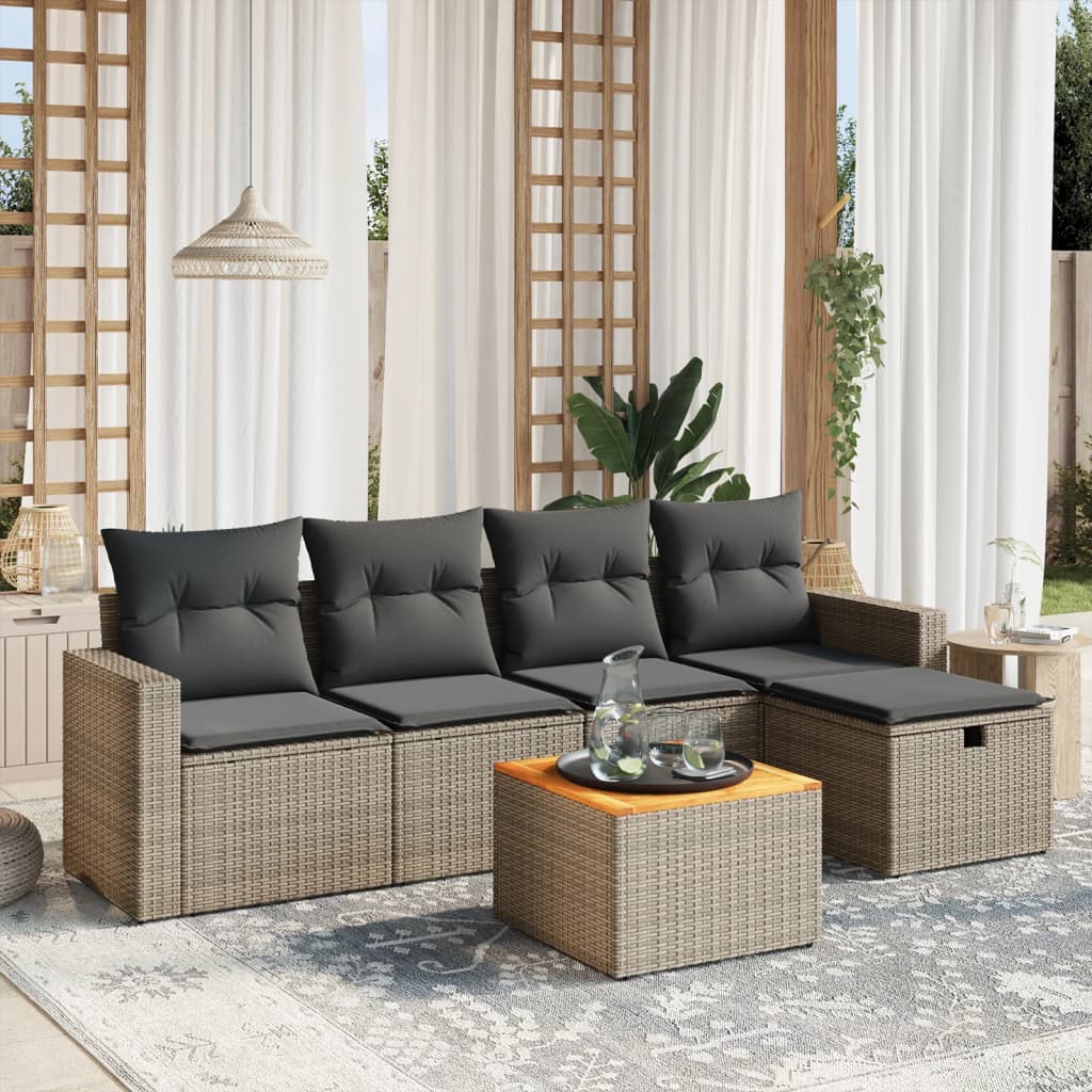 Vetonek Set de muebles de jardín 6 pzas y cojines ratán sintético gris