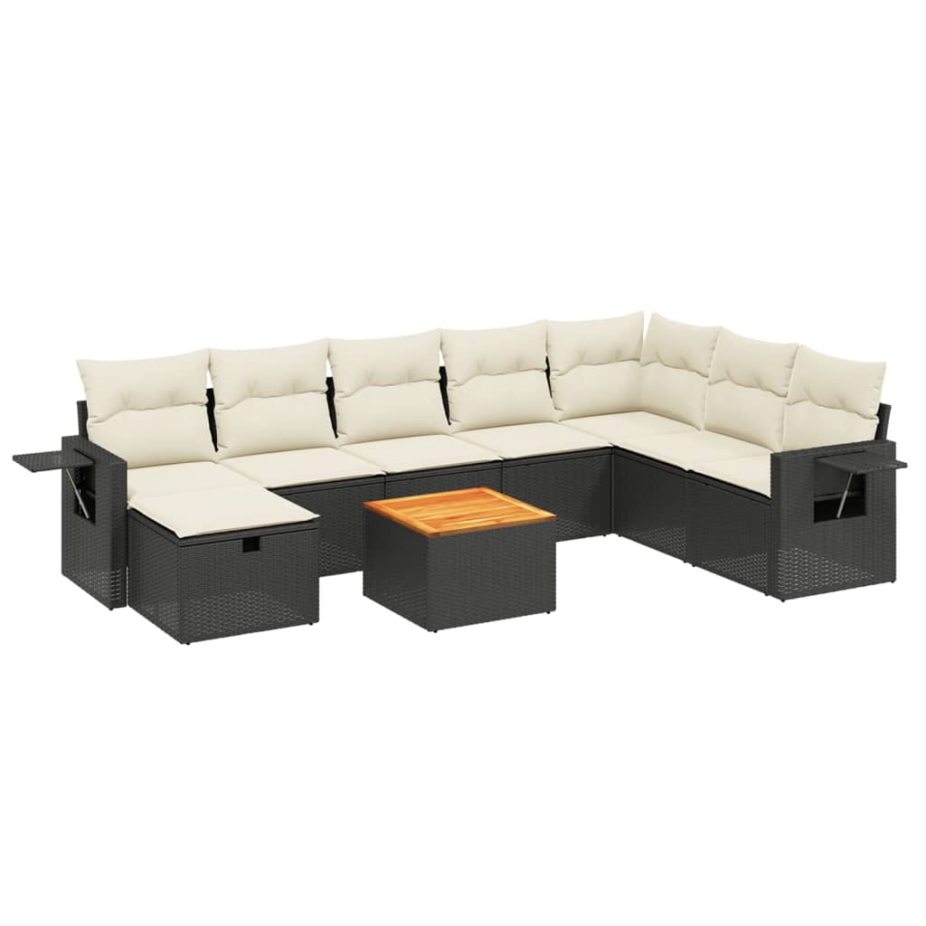 Garden Sofas Set 8 pieces and black synthetic rattan cushions