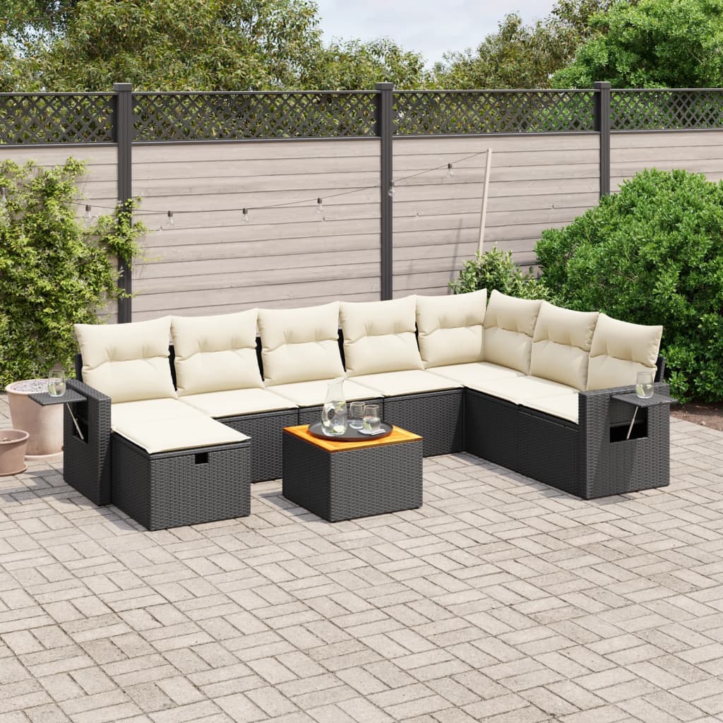 Garden Sofas Set 8 pieces and black synthetic rattan cushions