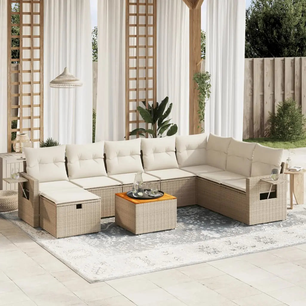 Vetonek Set de sofás de jardín 9 pzas con cojines ratán sintético beige