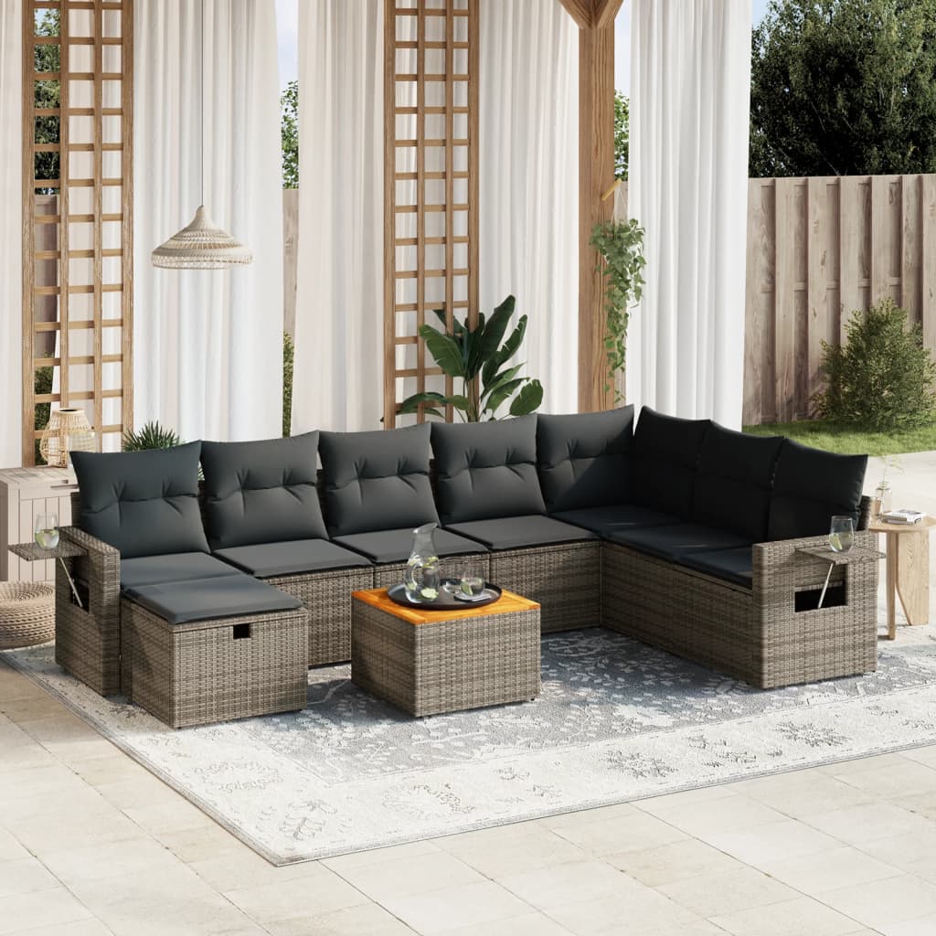 Vetonek Set de muebles de jardín 9 pzas y cojines ratán sintético gris