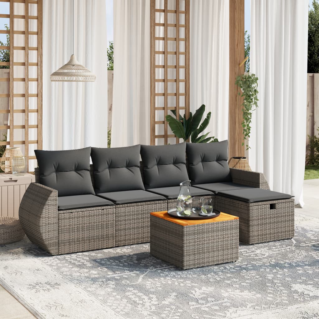 Vetonek Set de muebles de jardín 6 pzas y cojines ratán sintético gris