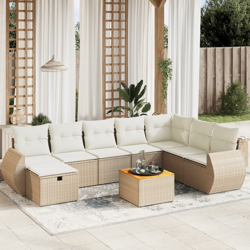 Vetonek Set de sofás de jardín 9 pzas con cojines ratán sintético beige