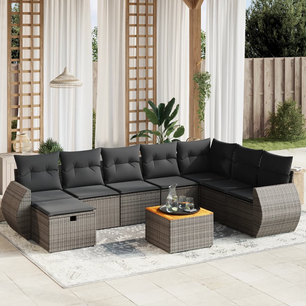 Vetonek Set de muebles de jardín 9 pzas y cojines ratán sintético gris