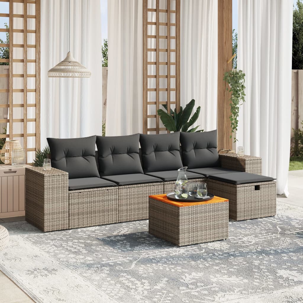 Vetonek Set de muebles de jardín 6 pzas y cojines ratán sintético gris