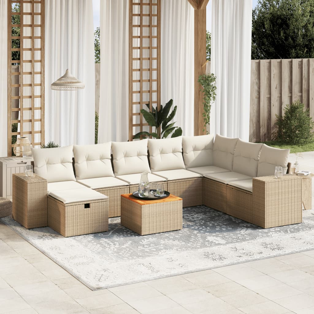 Vetonek Set de sofás de jardín 9 pzas con cojines ratán sintético beige