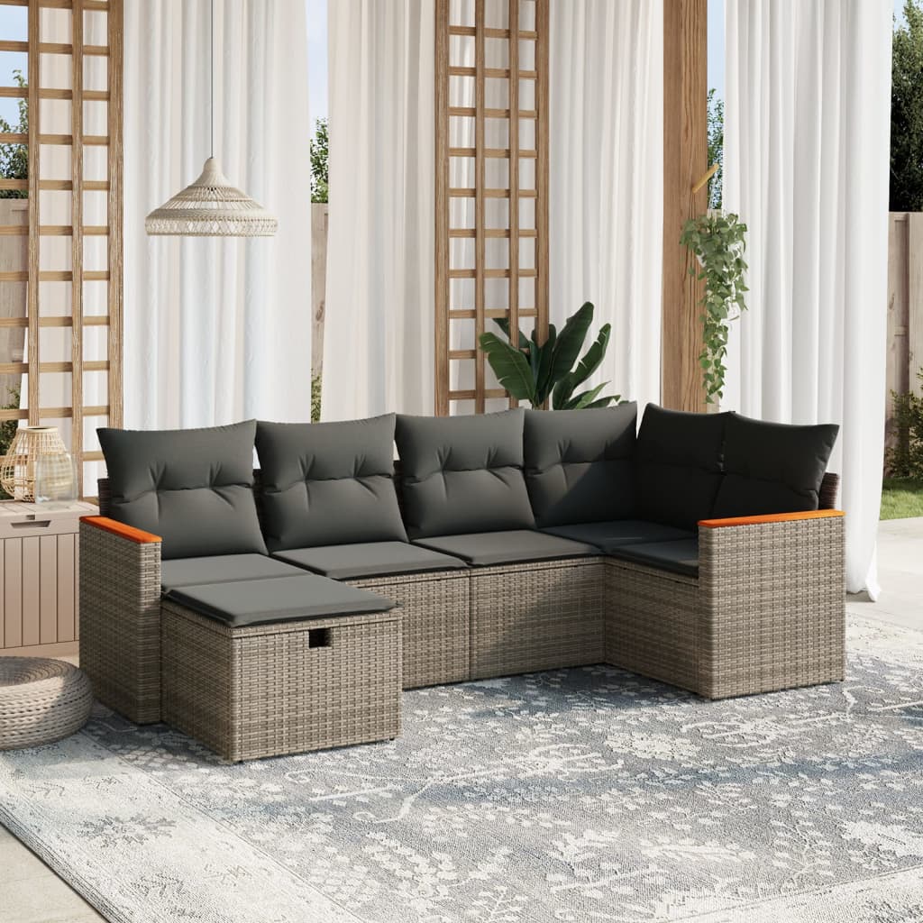 Vetonek Set de muebles de jardín 6 pzas y cojines ratán sintético gris