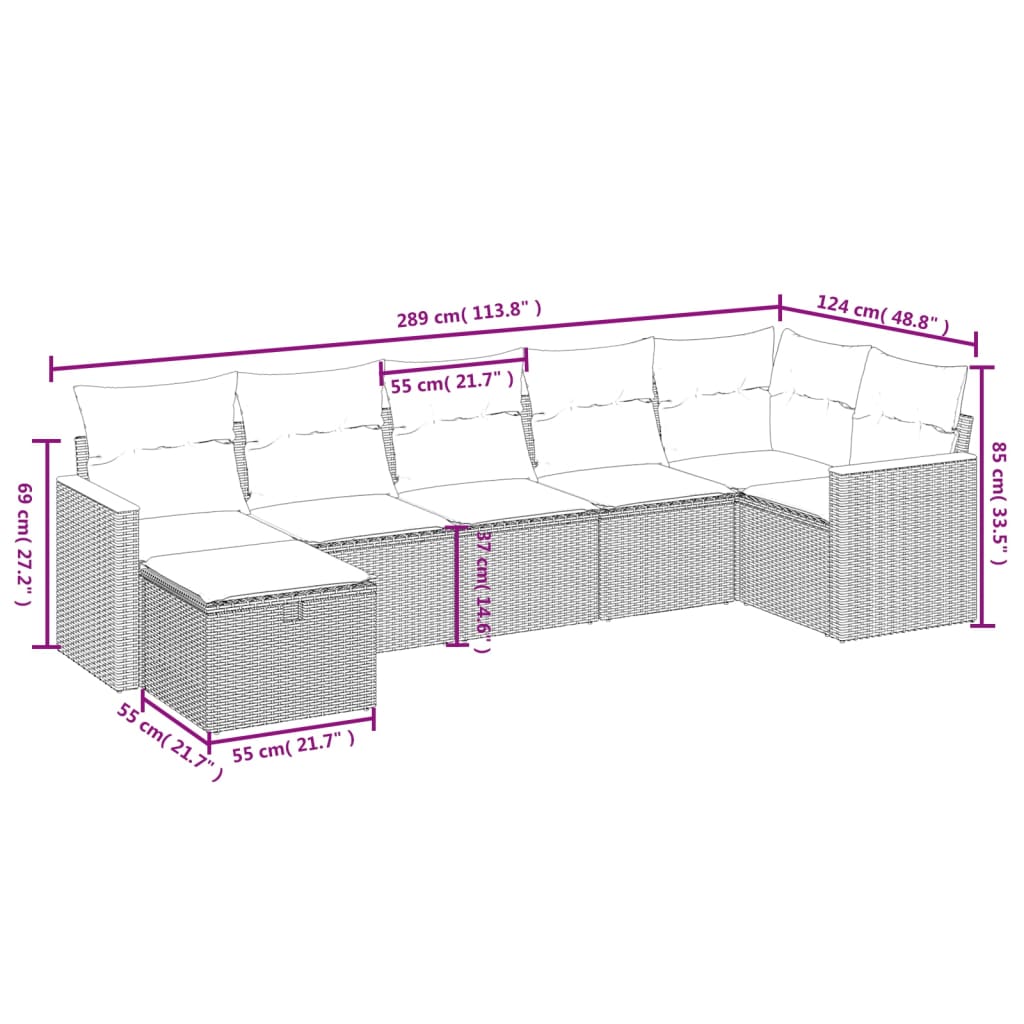 Set de comedor de jardín 7 pzas y cojines ratán sintético negro