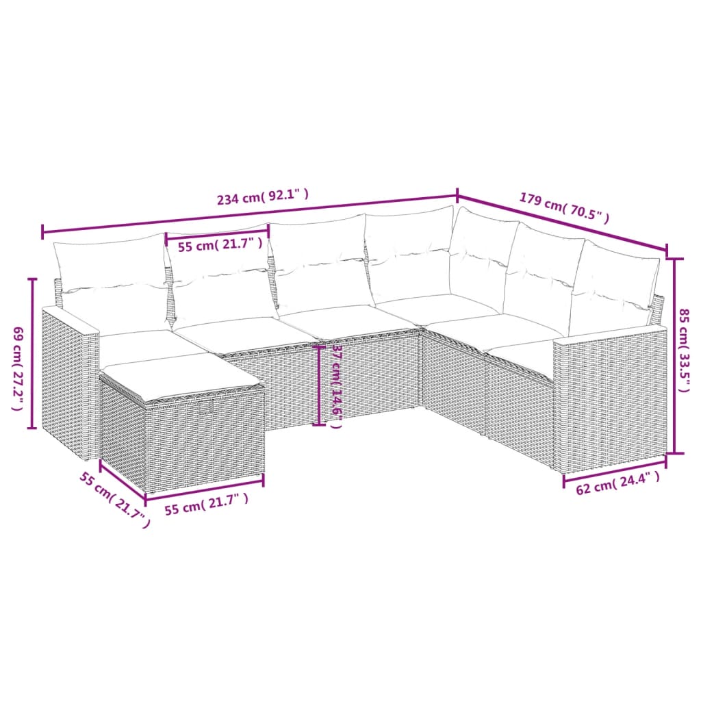 Set de comedor de jardín 7 pzas y cojines ratán sintético negro V25