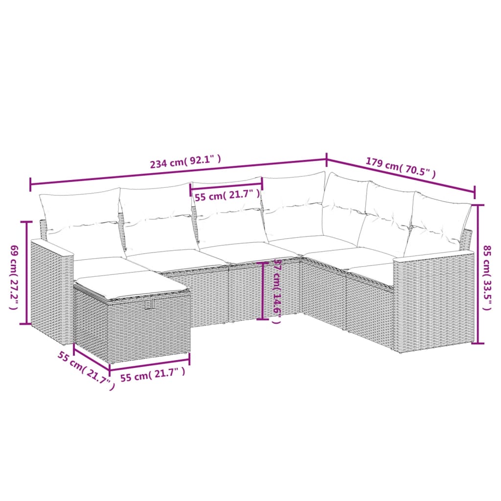 Set de sofás de jardín 7 piezas con cojines ratán PE gris