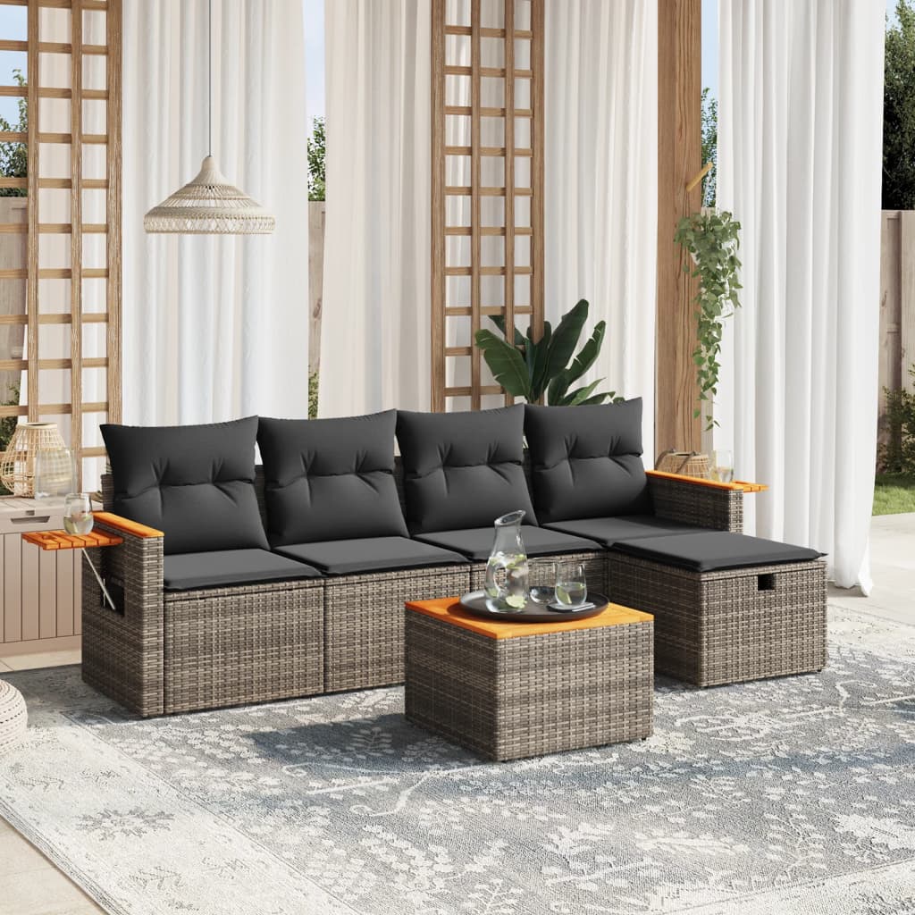 Vetonek Set de muebles de jardín 6 pzas y cojines ratán sintético gris