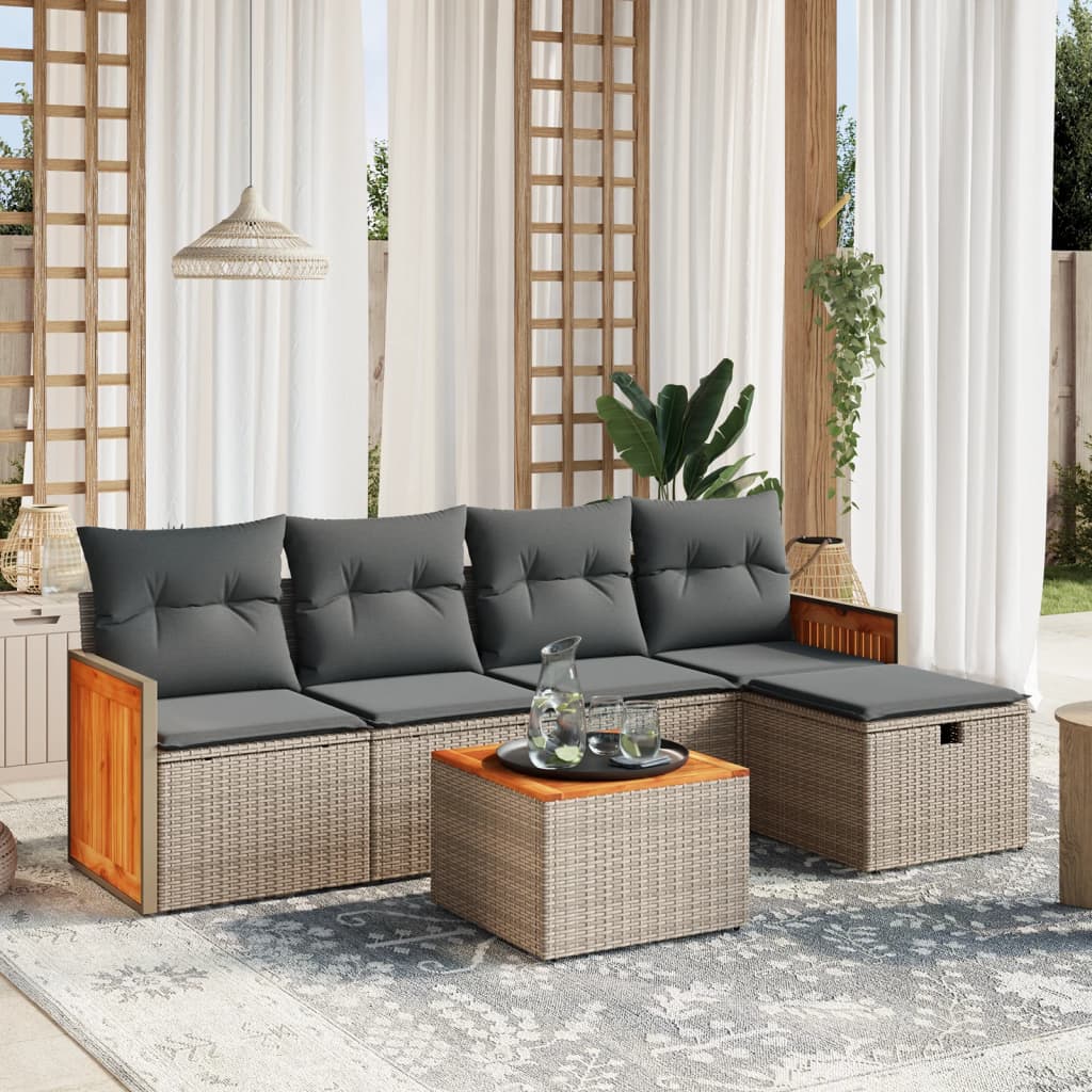 Vetonek Set de muebles de jardín 6 pzas y cojines ratán sintético gris