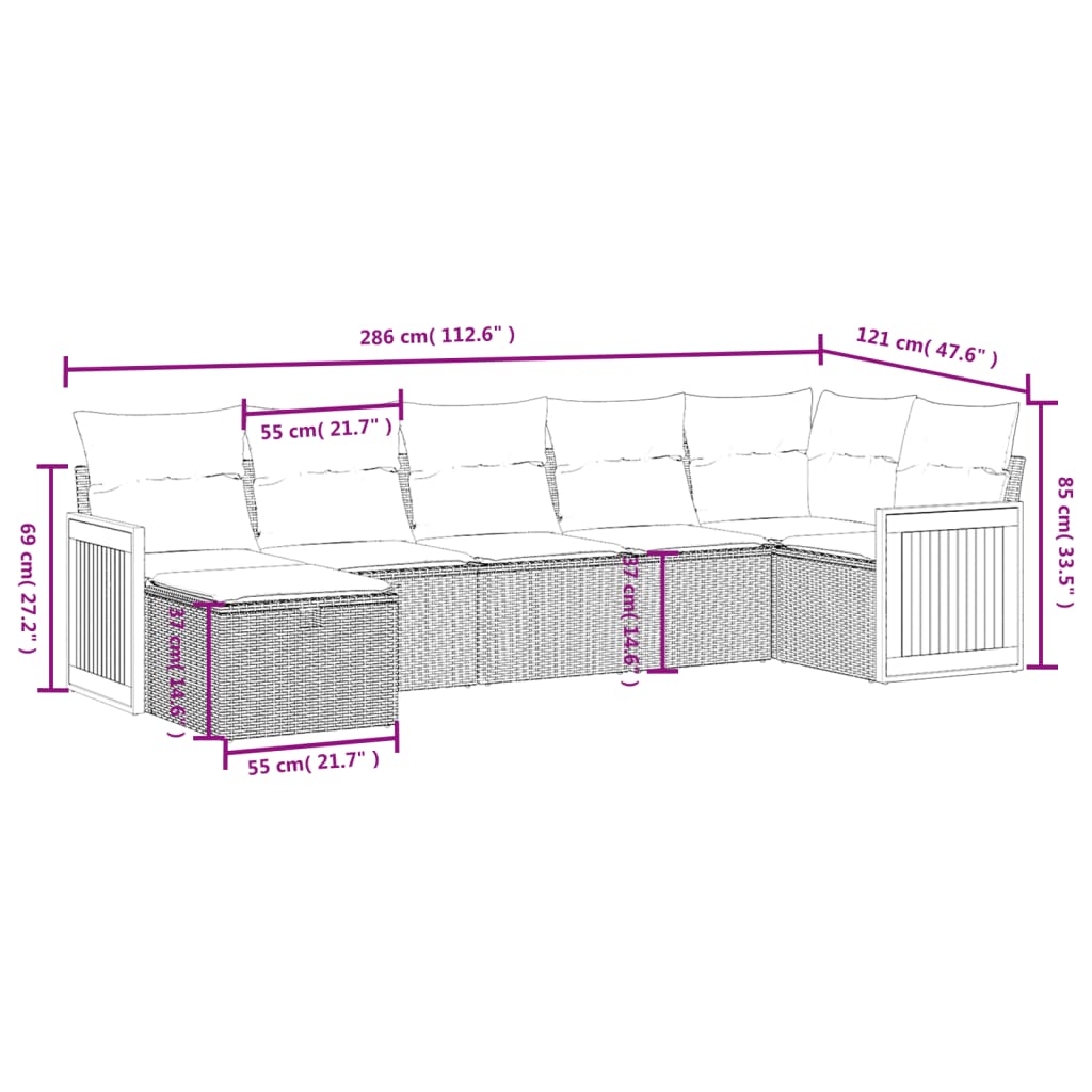 Set de comedor de jardín 7 pzas y cojines ratán sintético negro V46