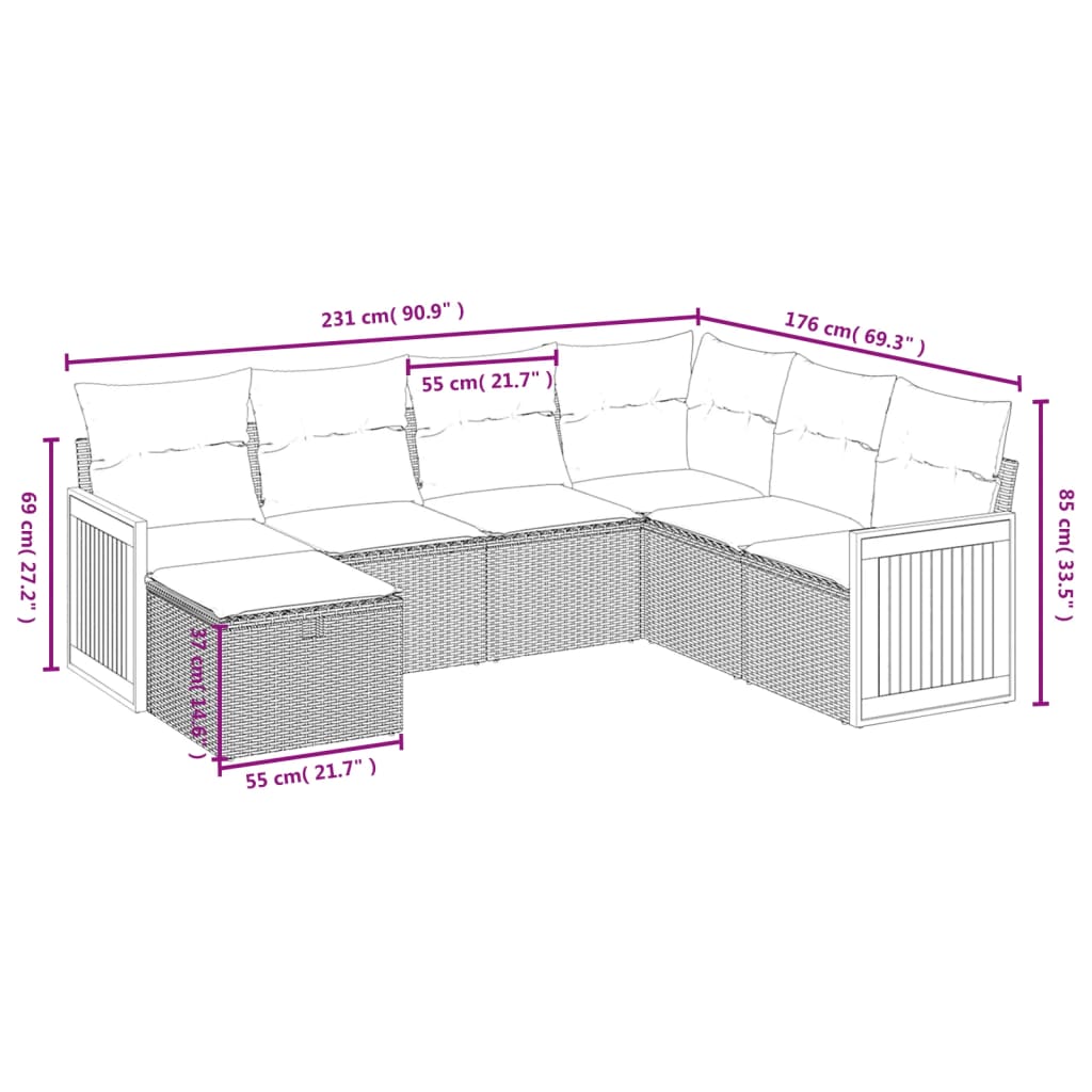 Ensemble de restauration de jardin 7 pcs et coussins Ratán synthétique noire v59