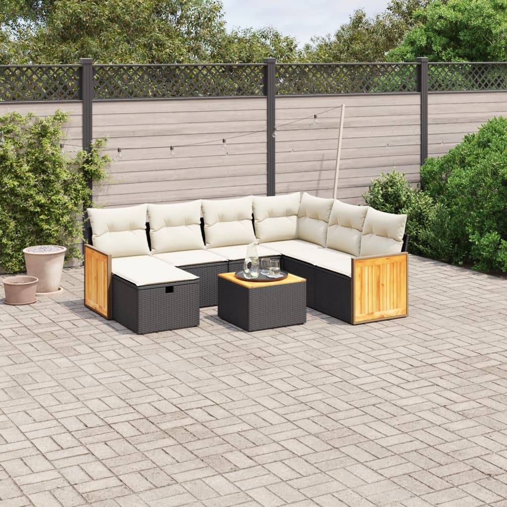 Garden Sofas Set 8 pieces and black synthetic rattan cushions