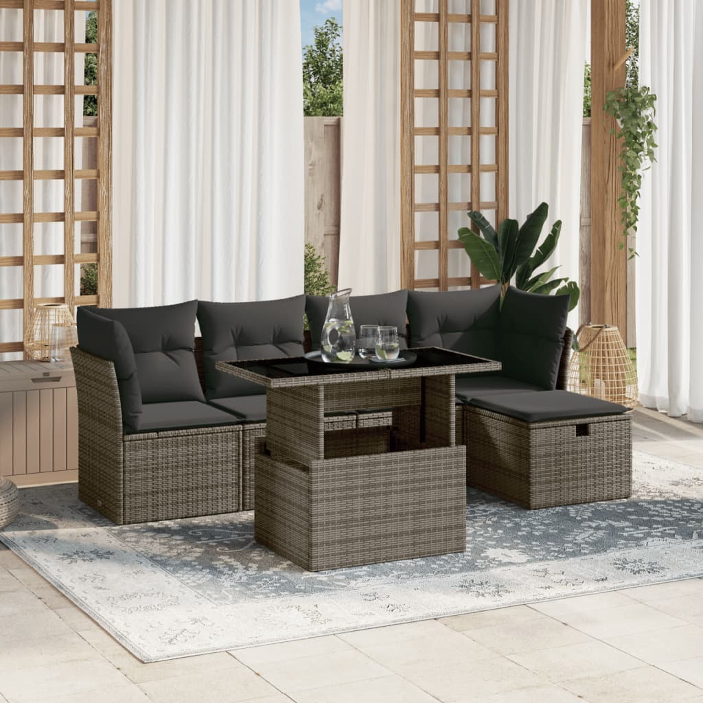 Vetonek Set de muebles de jardín 6 pzas y cojines ratán sintético gris