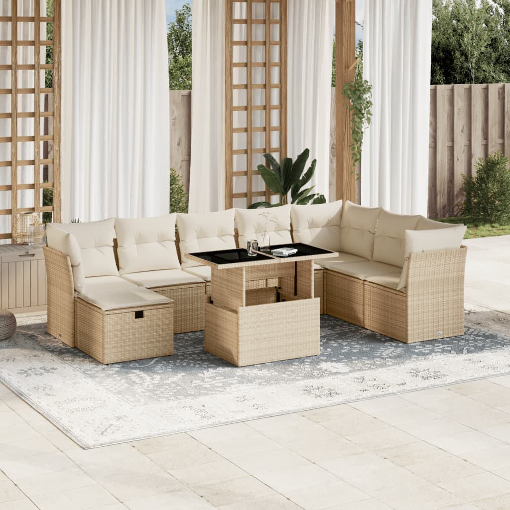 Vetonek Set de sofás de jardín 9 pzas con cojines ratán sintético beige