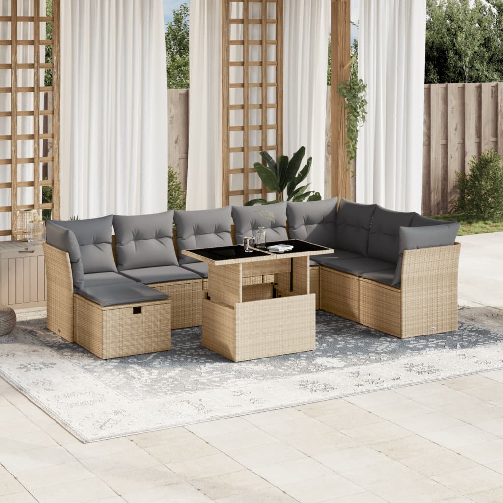 Vetonek Set de sofás de jardín 9 pzas con cojines ratán sintético beige