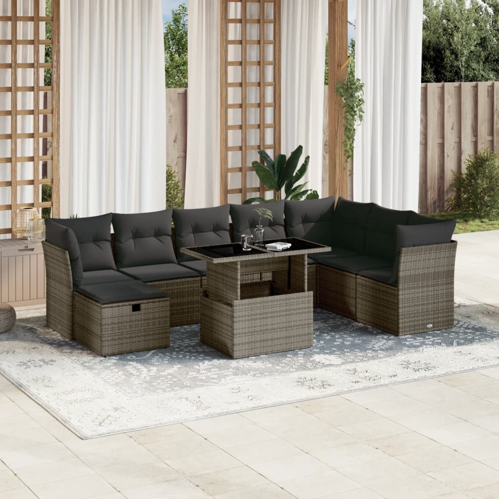 Vetonek Set de muebles de jardín 9 pzas y cojines ratán sintético gris