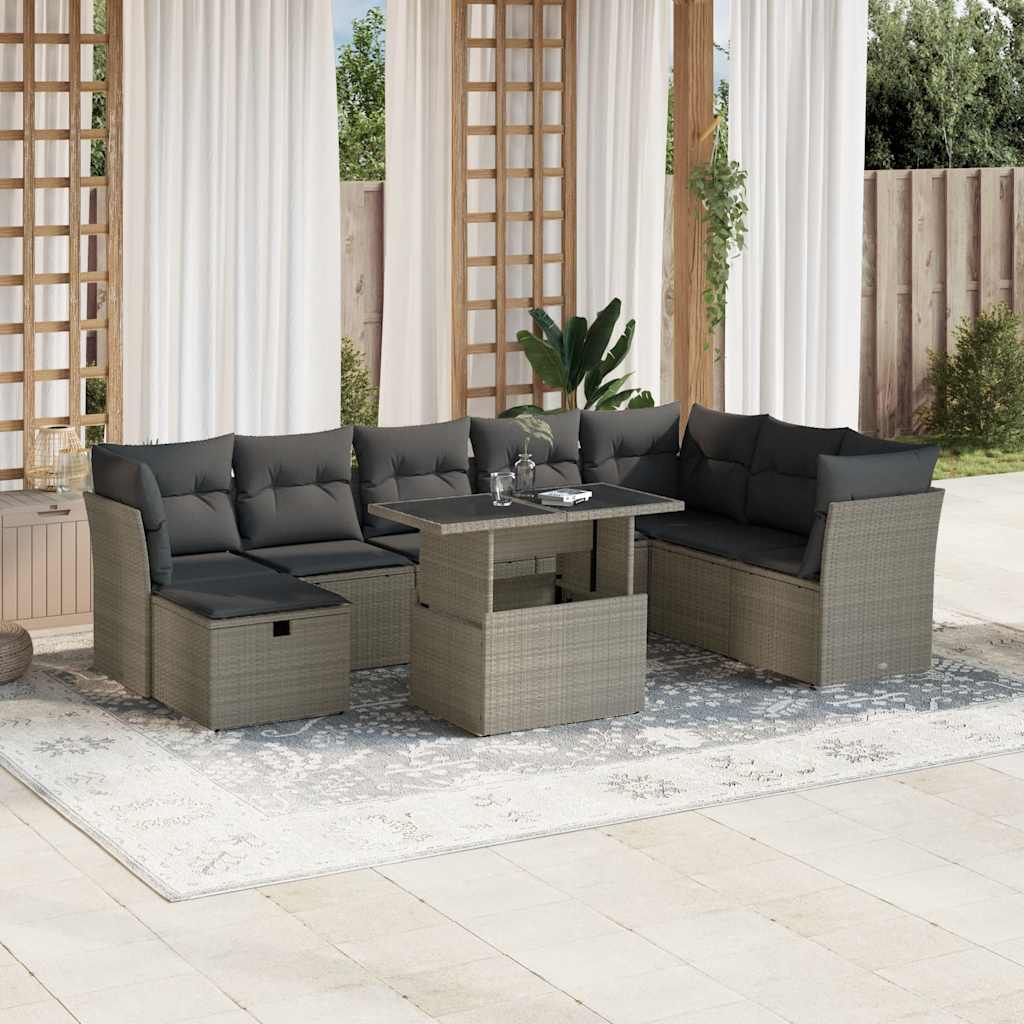 Vetonek Set muebles jardín 9 pzas y cojines ratán sintético gris claro