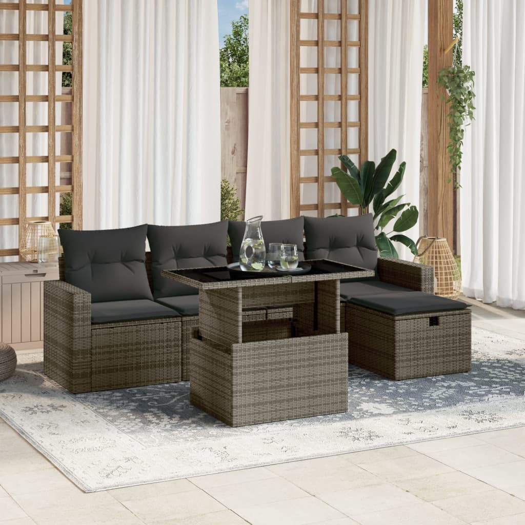 Vetonek Set de muebles de jardín 6 pzas y cojines ratán sintético gris