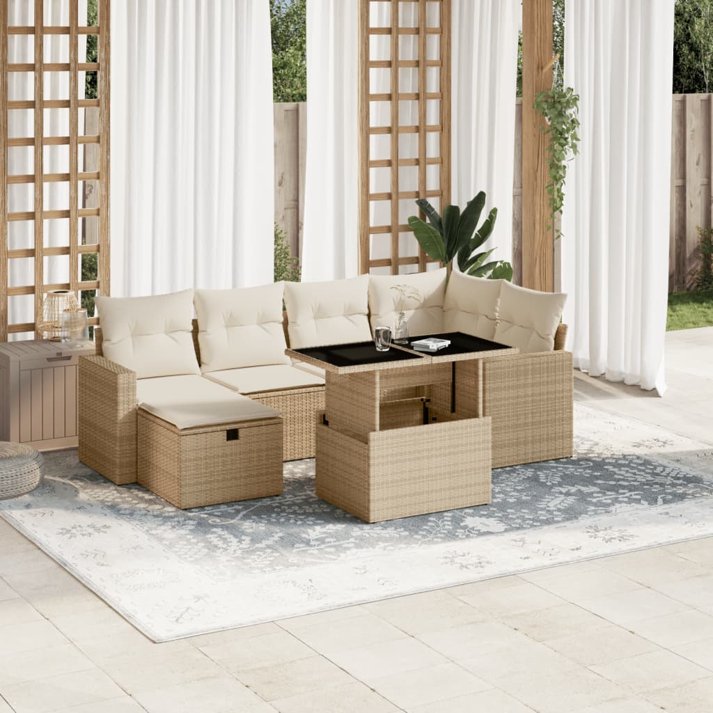 Vetonek Set sofás de jardín 7 piezas y cojines ratán sintético beige