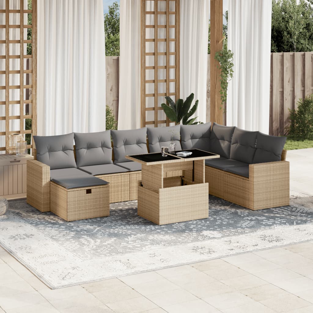 Vetonek Set de sofás de jardín 9 pzas con cojines ratán sintético beige