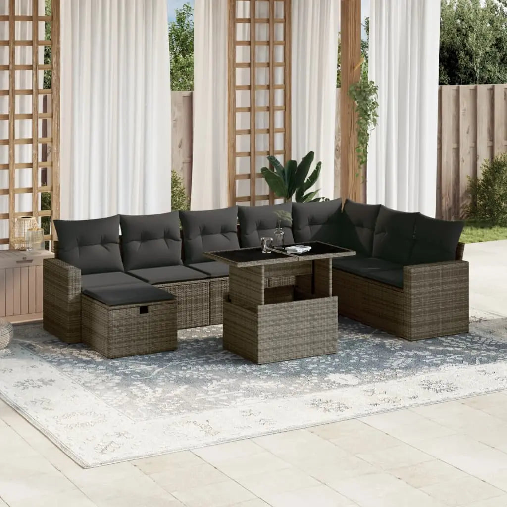 Vetonek Set de muebles de jardín 9 pzas y cojines ratán sintético gris