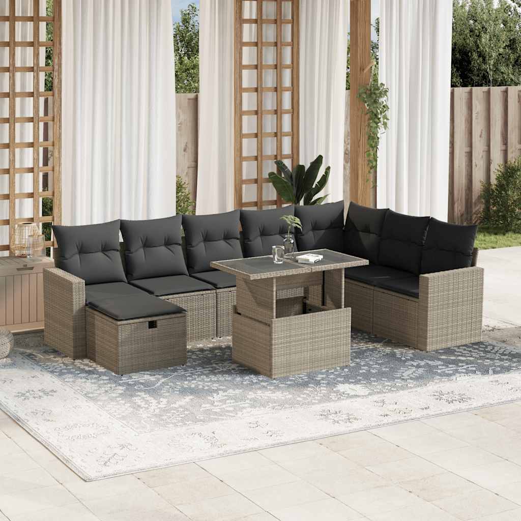 Vetonek Set muebles jardín 9 pzas y cojines ratán sintético gris claro