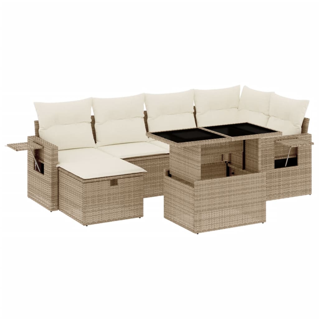 Set sofás de jardín 7 piezas y cojines ratán sintético beige