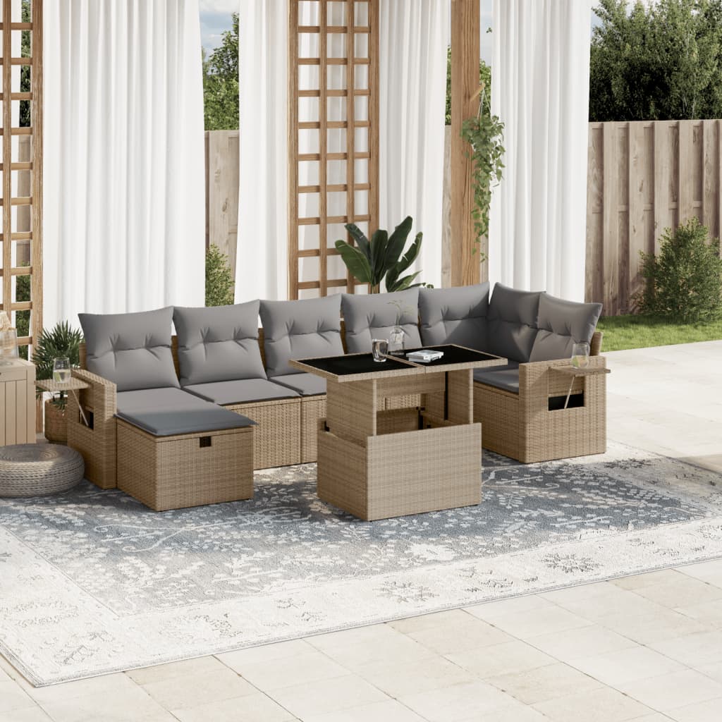 Vetonek Set de sofás de jardín y cojines 8 piezas ratán sintético beige