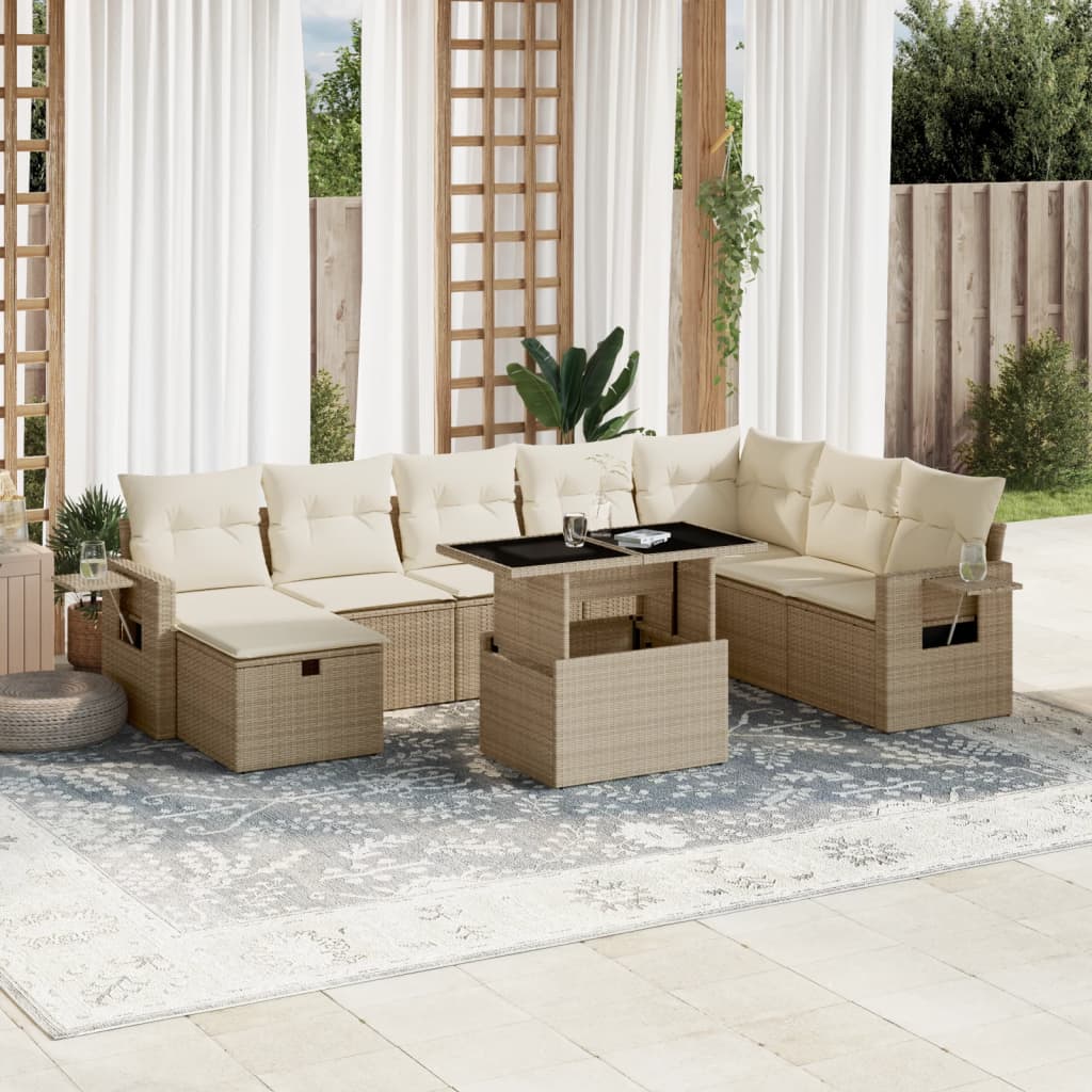 Vetonek Set de sofás de jardín 9 pzas con cojines ratán sintético beige