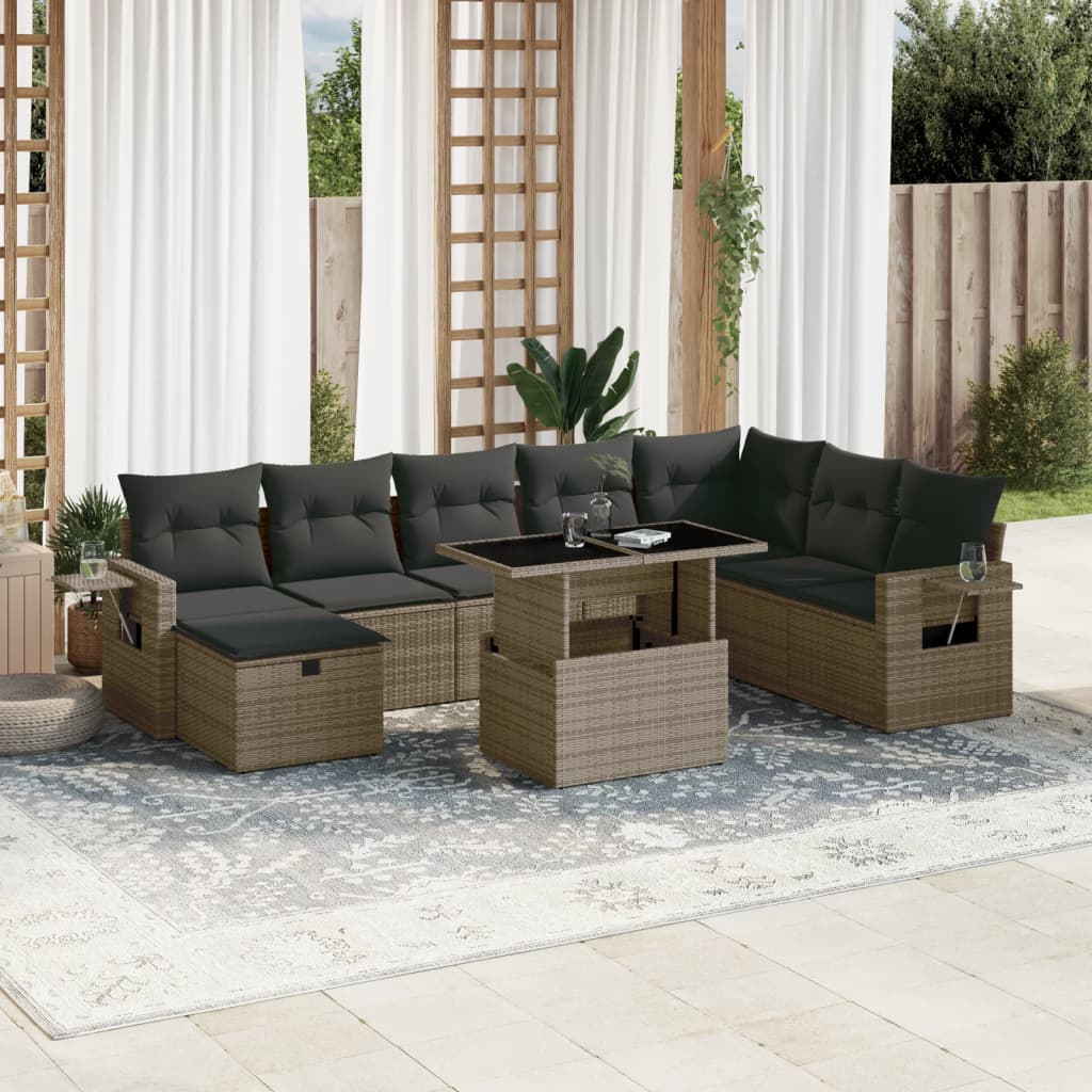 Vetonek Set de muebles de jardín 9 pzas y cojines ratán sintético gris