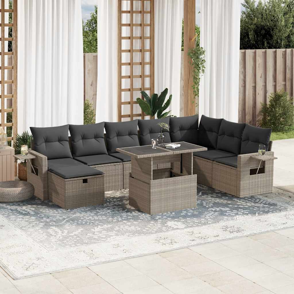 Vetonek Set muebles jardín 9 pzas y cojines ratán sintético gris claro