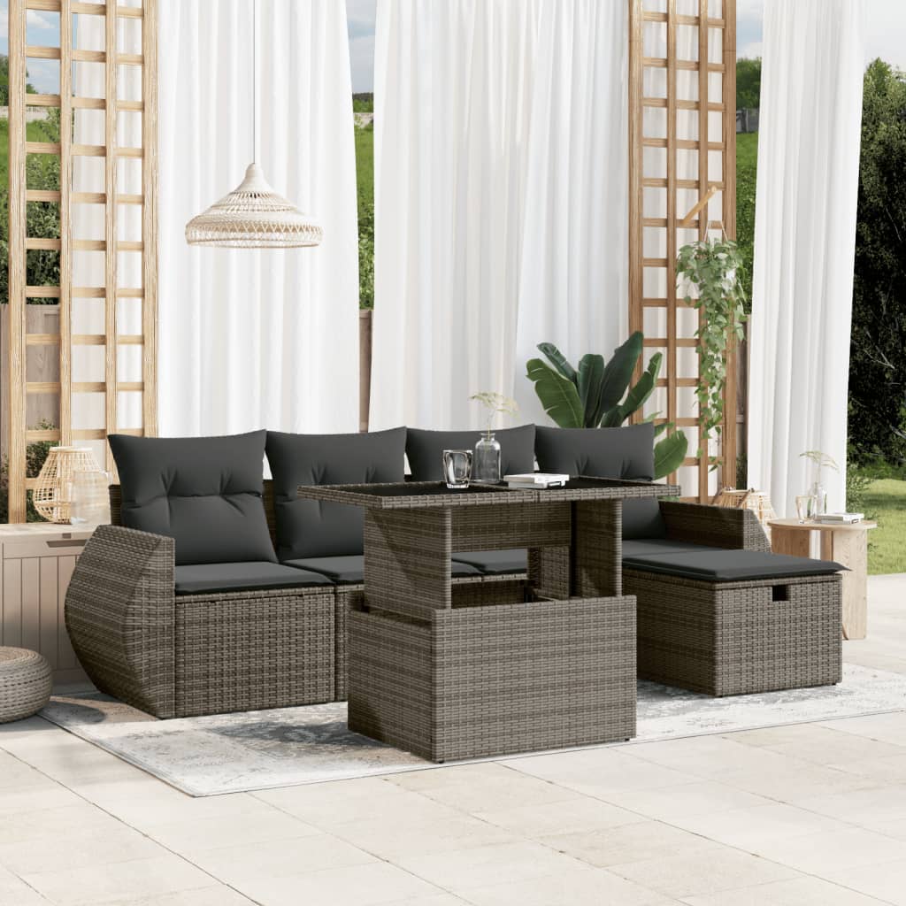 Vetonek Set de muebles de jardín 6 pzas y cojines ratán sintético gris