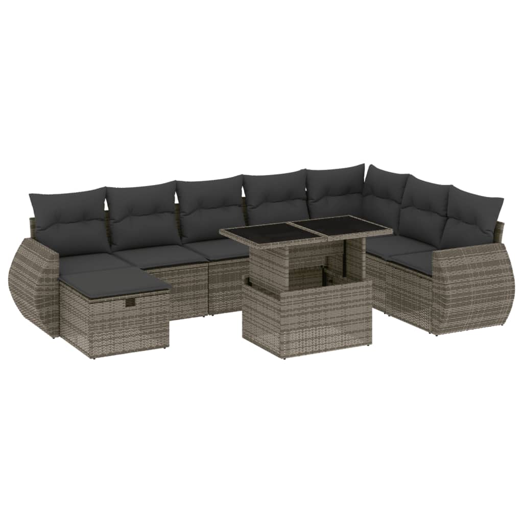 Set de muebles de jardín 9 pzas y cojines ratán sintético gris - Vetonek