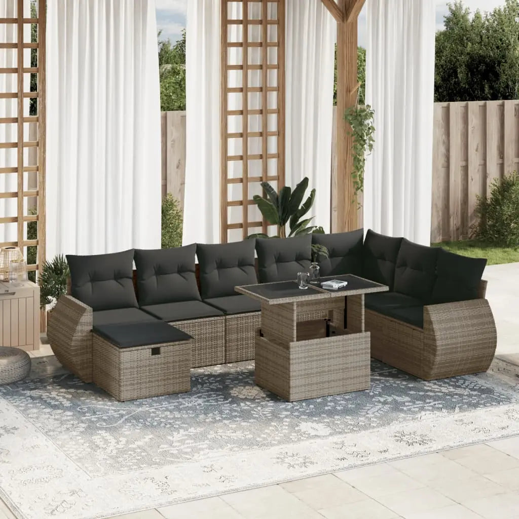 Vetonek Set de muebles de jardín 9 pzas y cojines ratán sintético gris