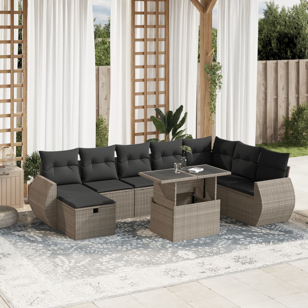 Vetonek Set muebles jardín 9 pzas y cojines ratán sintético gris claro