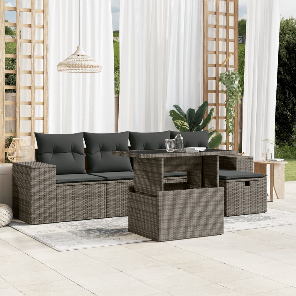 Vetonek Set de muebles de jardín 6 pzas y cojines ratán sintético gris