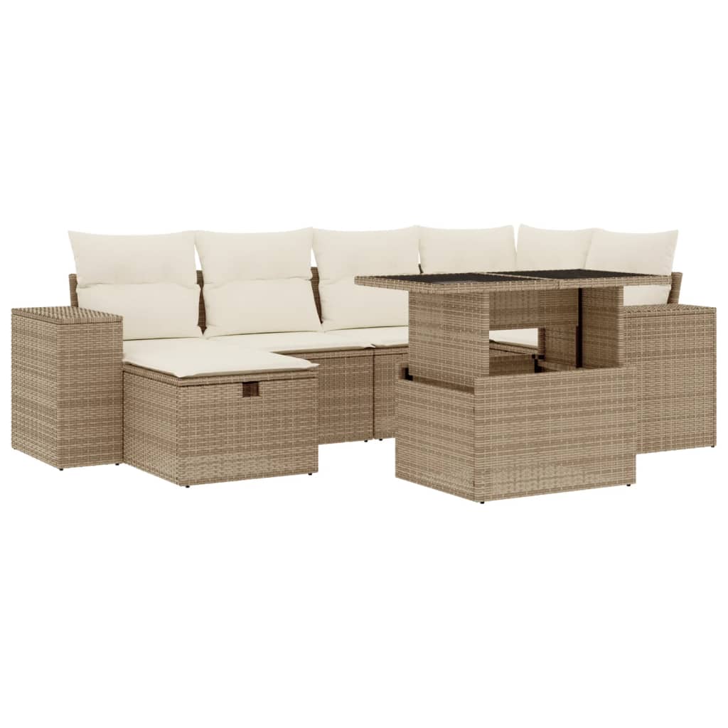 Set sofás de jardín 7 piezas y cojines ratán sintético beige