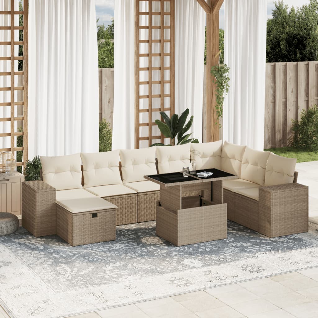 Vetonek Set de sofás de jardín 9 pzas con cojines ratán sintético beige