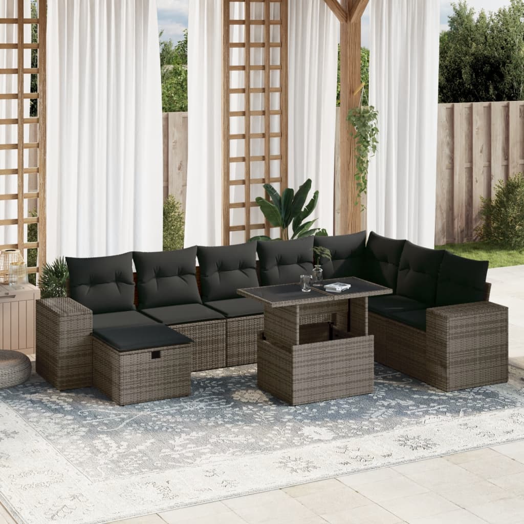 Vetonek Set de muebles de jardín 9 pzas y cojines ratán sintético gris