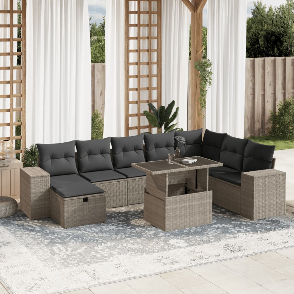 Vetonek Set muebles jardín 9 pzas y cojines ratán sintético gris claro