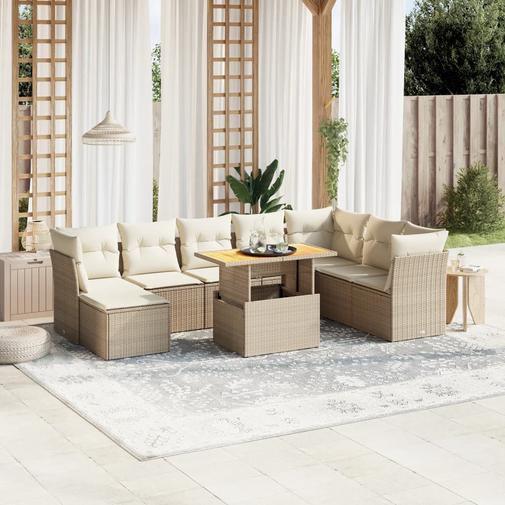 Vetonek Set de sofás de jardín 9 pzas con cojines ratán sintético beige