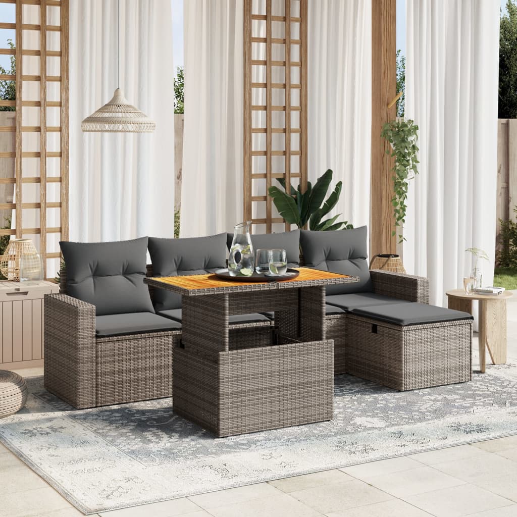 Vetonek Set de muebles de jardín 6 pzas y cojines ratán sintético gris