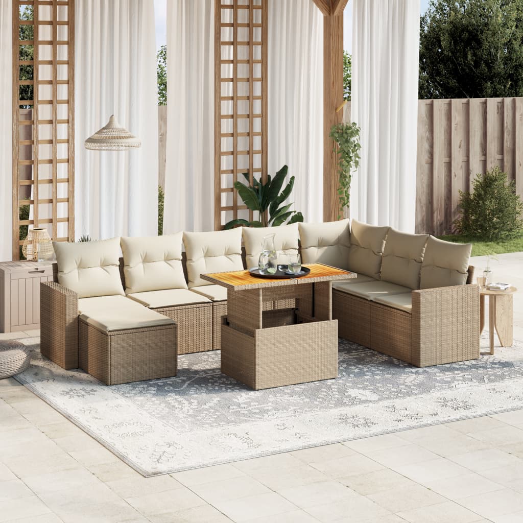 Vetonek Set de sofás de jardín 9 pzas con cojines ratán sintético beige