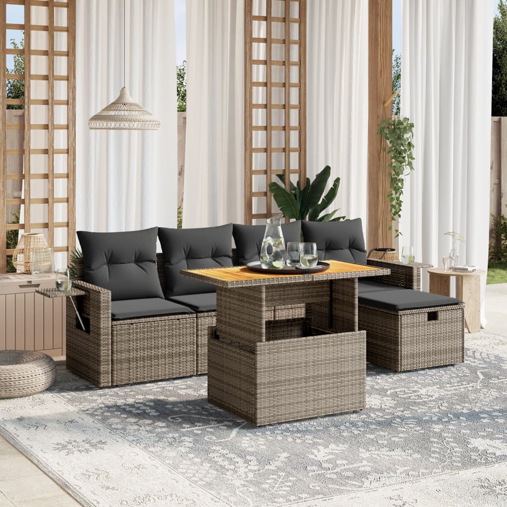 Vetonek Set de muebles de jardín 6 pzas y cojines ratán sintético gris