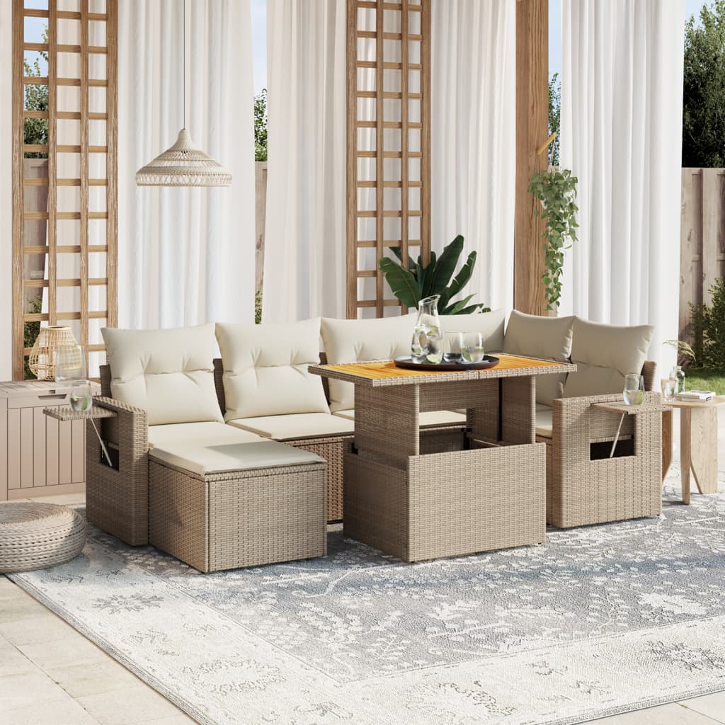 Set sofás de jardín 7 piezas y cojines ratán sintético beige